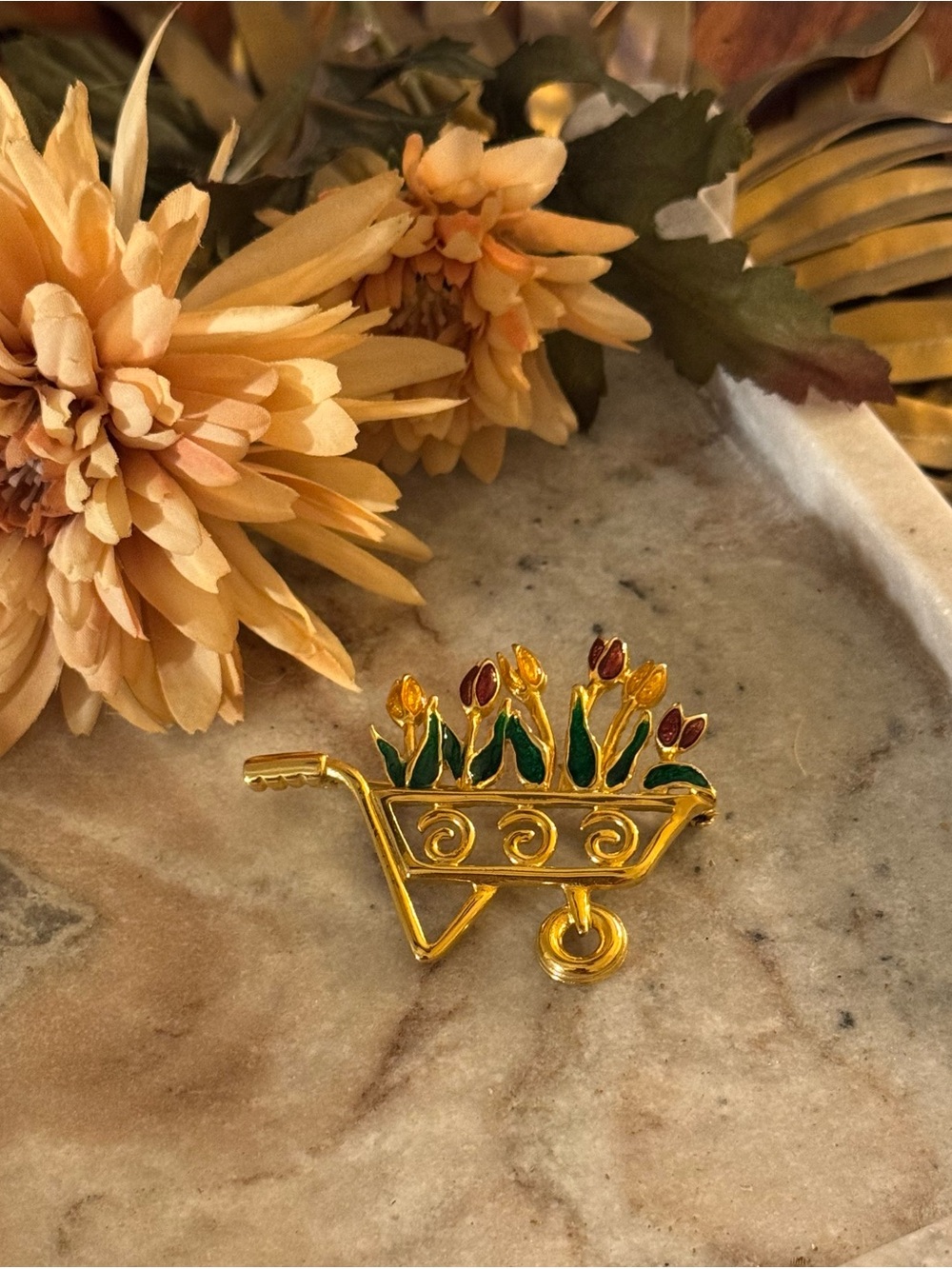 Vintage Goldtone Wheelbarrow Floral Brooch Enamel Tulips Garden Pin